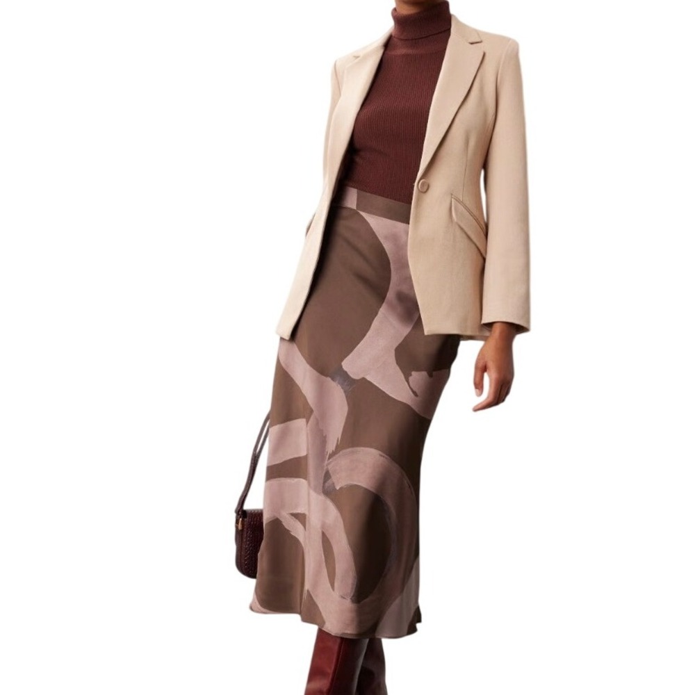 Slate & Willow Brown Pink‎ Abstract Design Satin Slip Skirt - Size Large